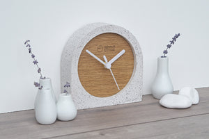 Jesmonite Carriage Clock in Silver-Grey Granite with Wooden Face